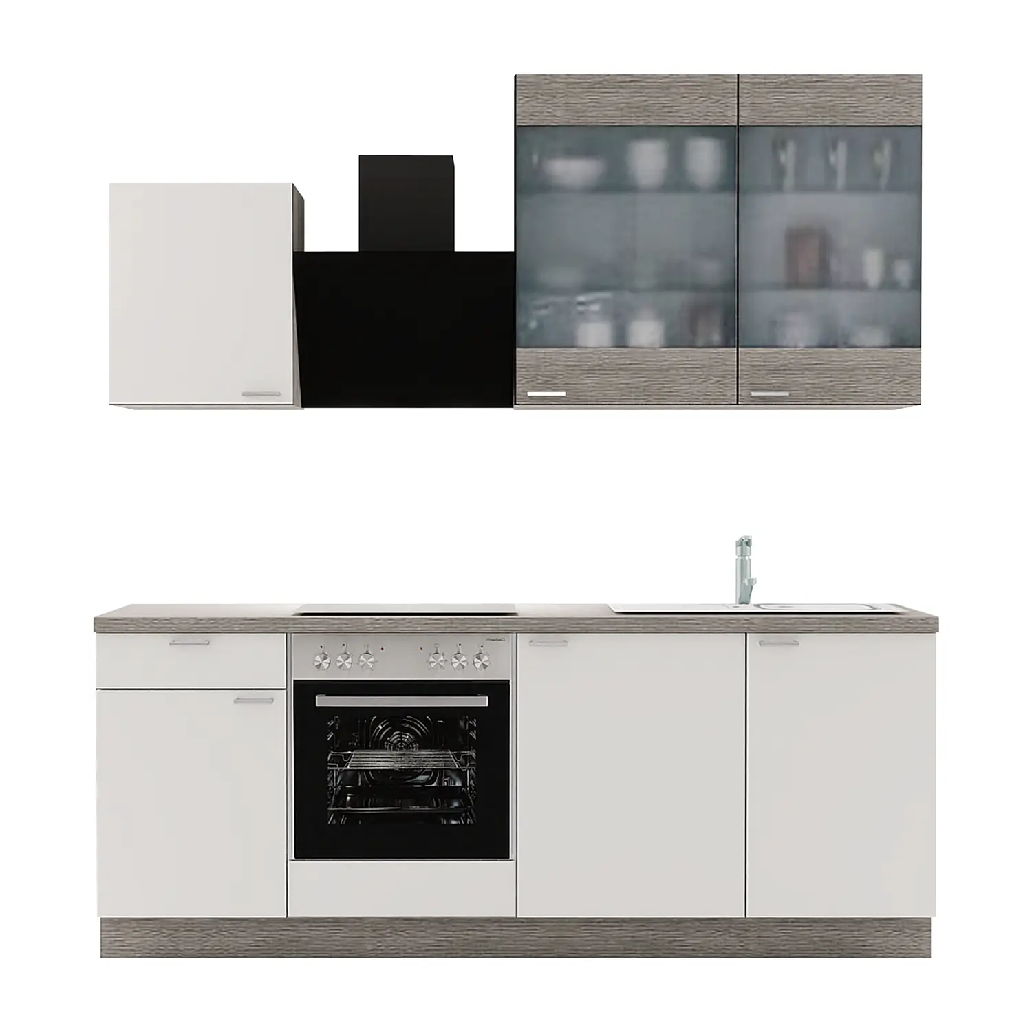 Küchenzeile EXK960 mit Geräten 220 cm Weiß & Eiche grau