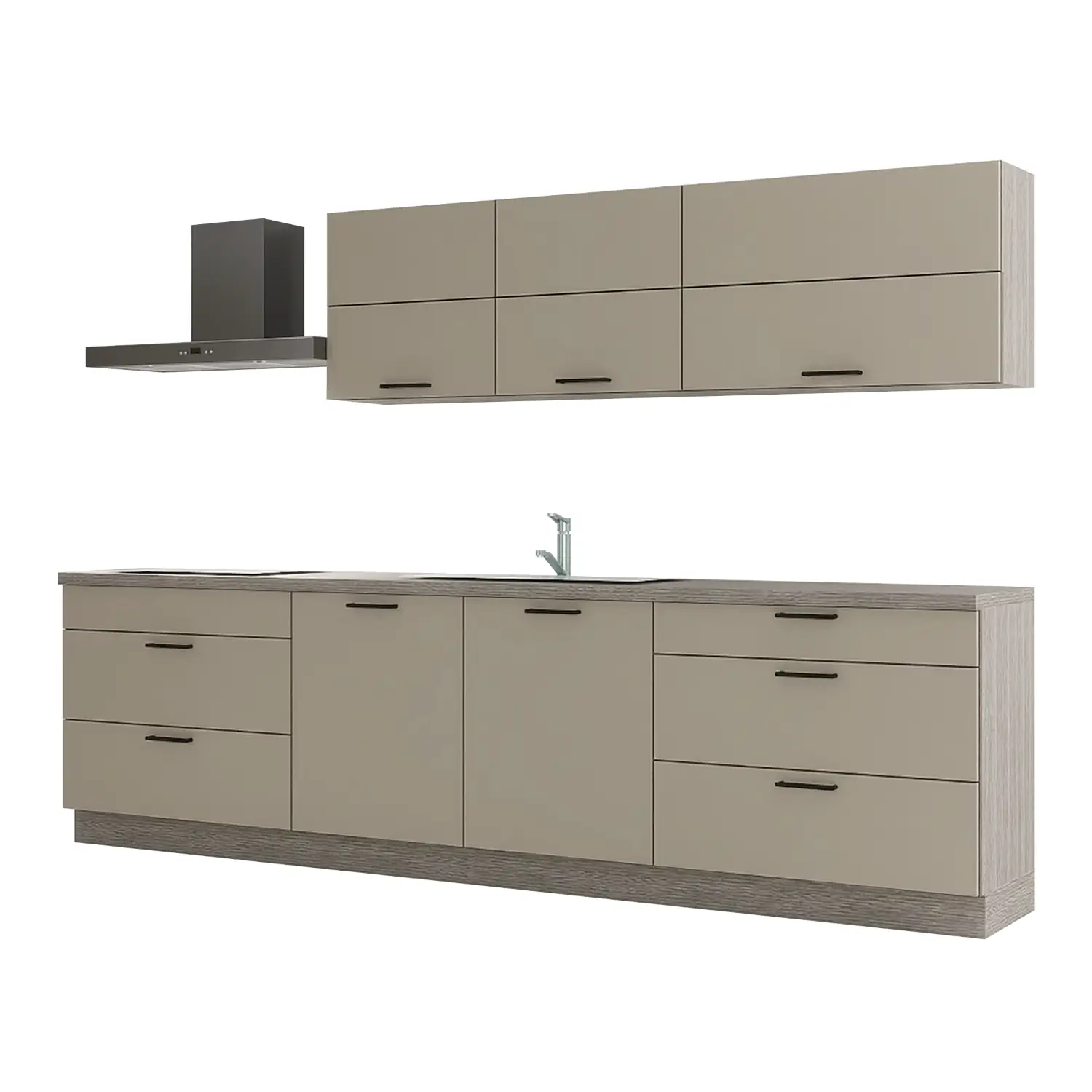 Express Küchen Küche ohne Geräte in Cremegrau & Eiche grau: zweizeilig, 300x180 cm, 480 cm, Spüle rechts | Doppelblock "EXK680-1-0-r"