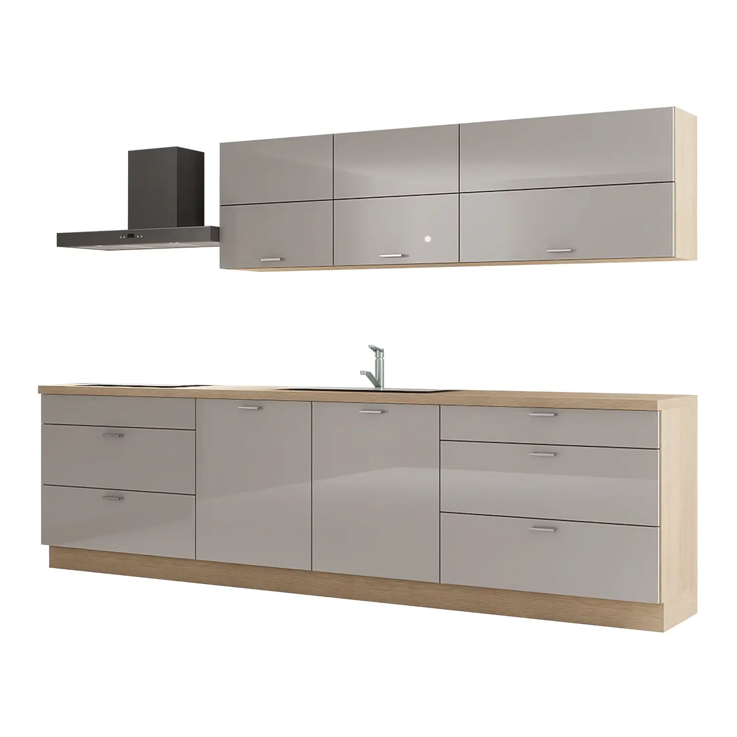 Express Küchen Küche ohne Geräte in Hellgrau Hochglanz & Wildeiche: zweizeilig, 300x180 cm, 480 cm, Spüle rechts | Doppelblock "EXK680-3-0-r"