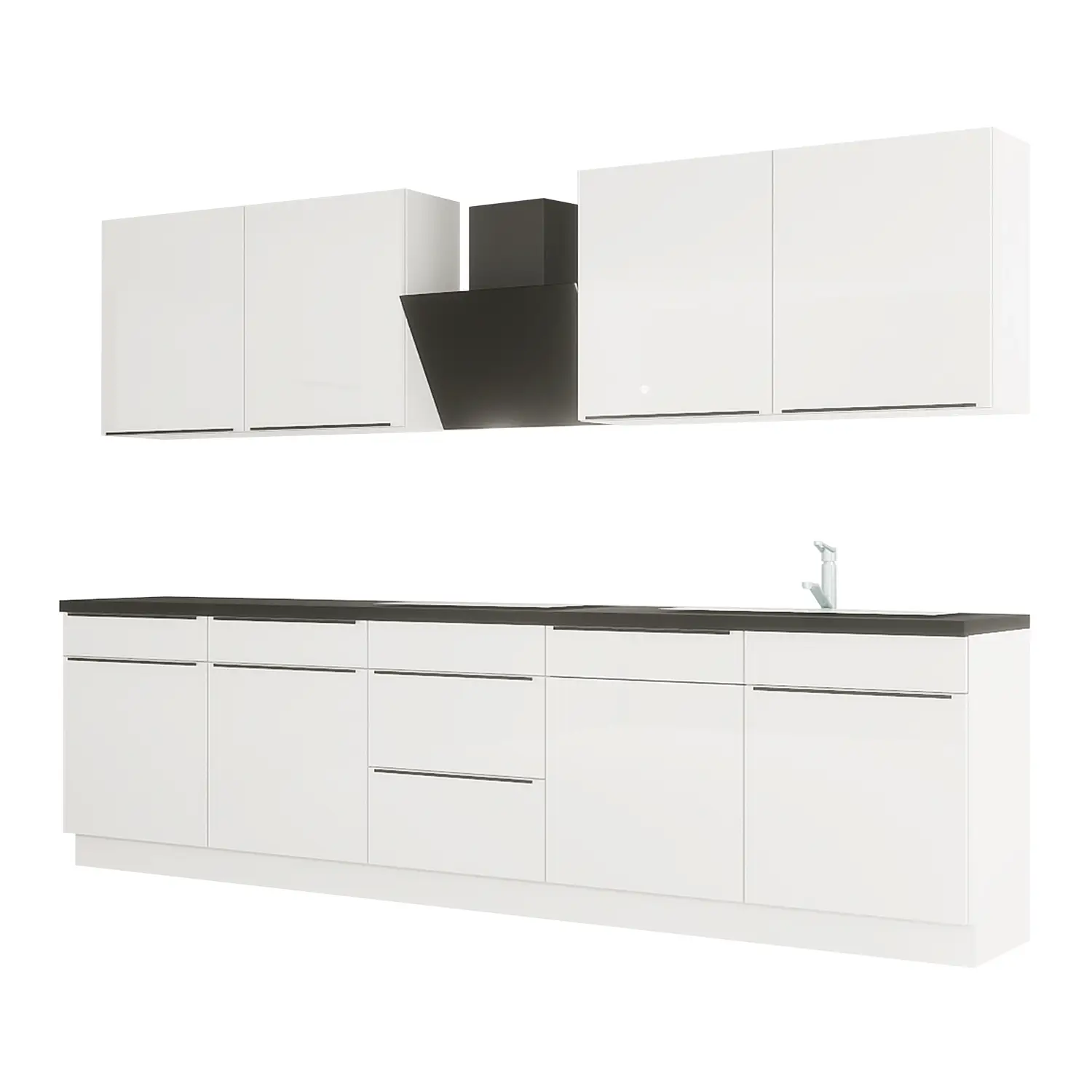 Express Küchen Küche ohne Geräte in Weiß Hochglanz & Schwarz: zweizeilig, 300x180 cm, 480 cm, Spüle rechts | Doppelblock "EXK90-1-0-r"