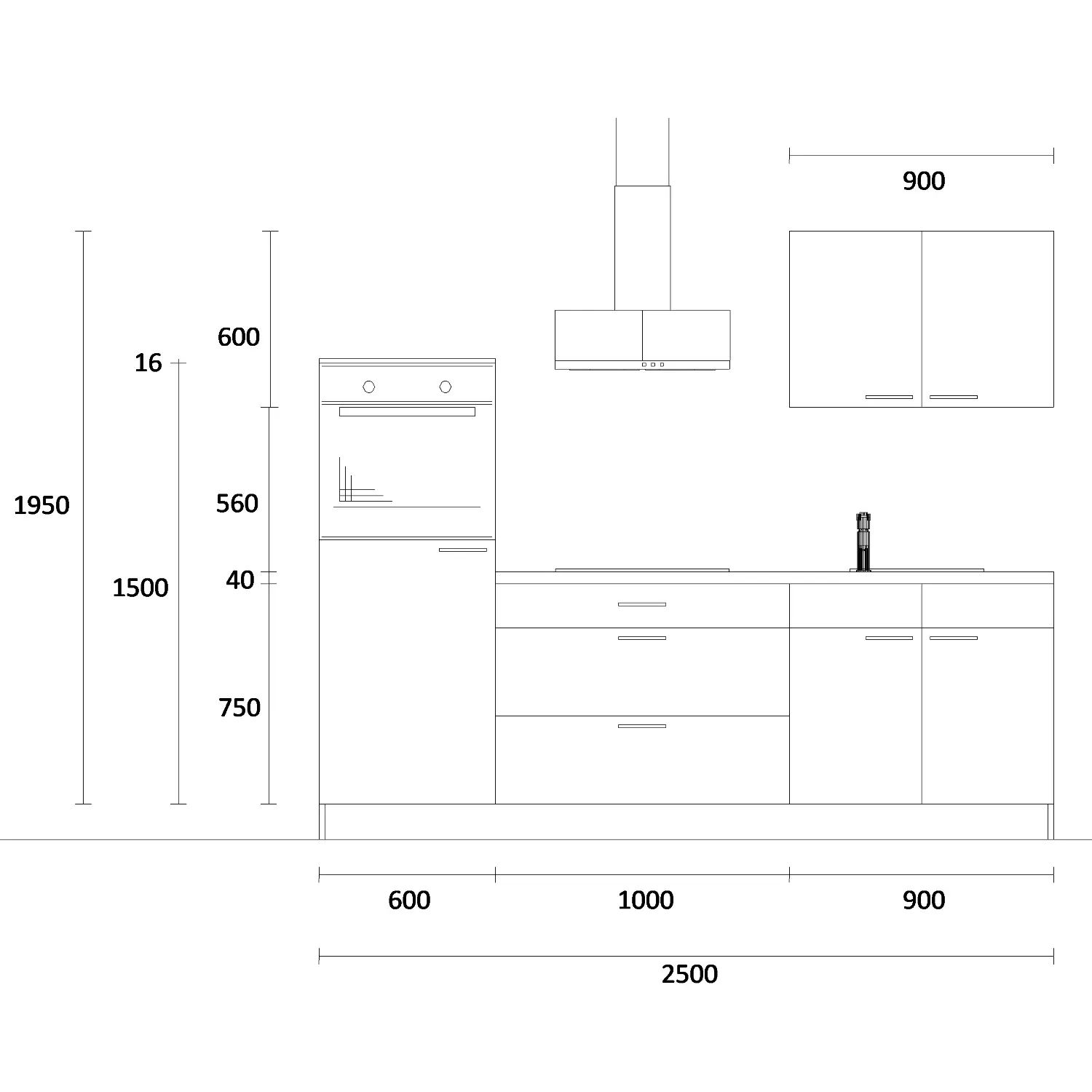 Küchenzeile "EXK1120-2-0-r" mit Spüle rechts: Wandansicht & Maße in mm