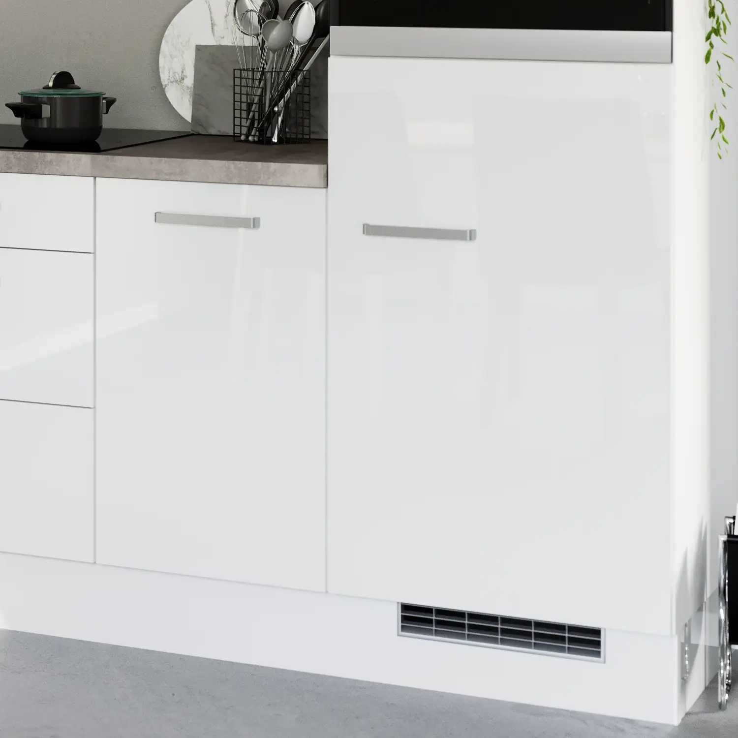 215 cm Küchenzeile mit Geräten Weiß Hochglanz & Beton-Optik natur