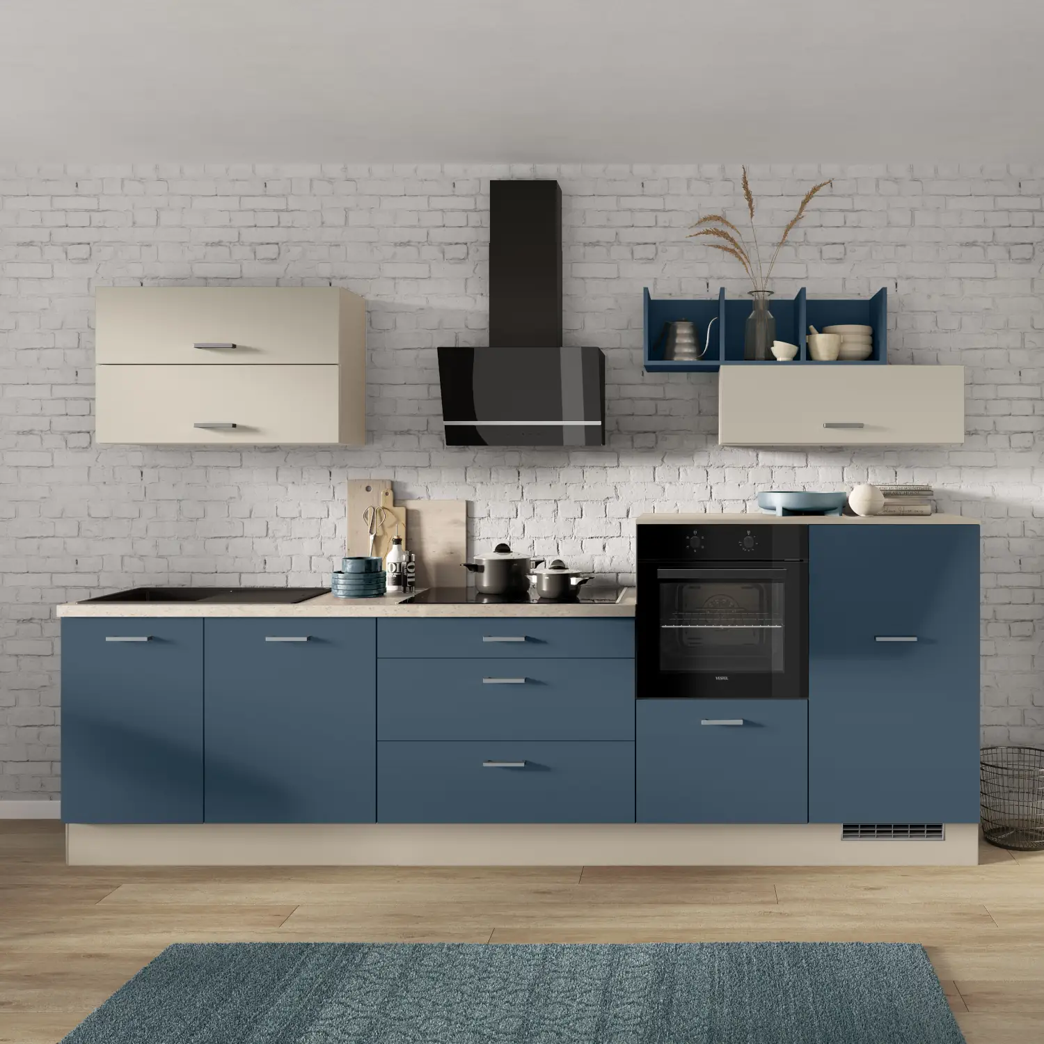 Küchenzeile mit E-Geräten 320 cm Alby Blue & Kieselgrau