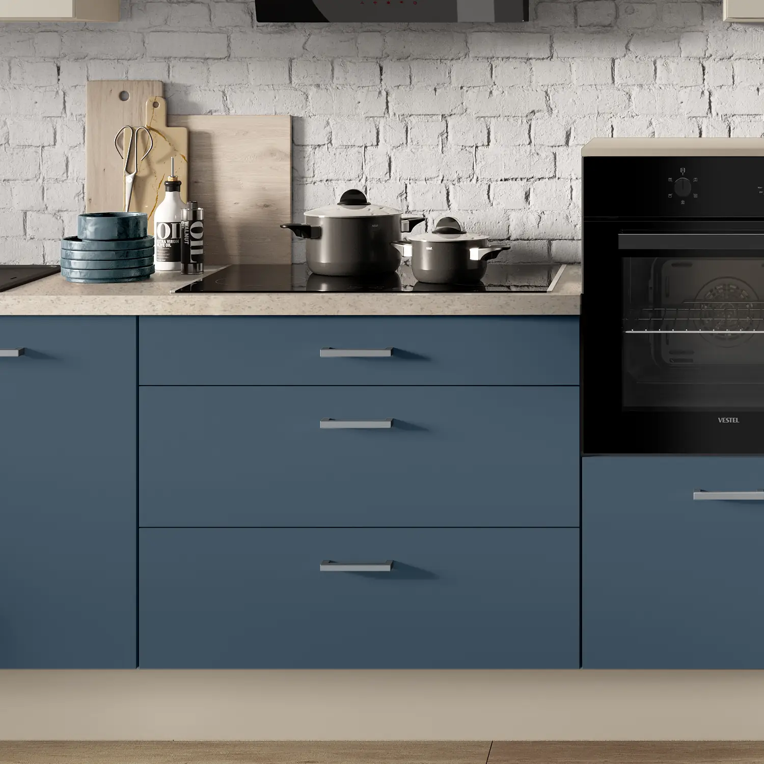 Küchenzeile mit E-Geräten 320 cm Alby Blue & Kieselgrau