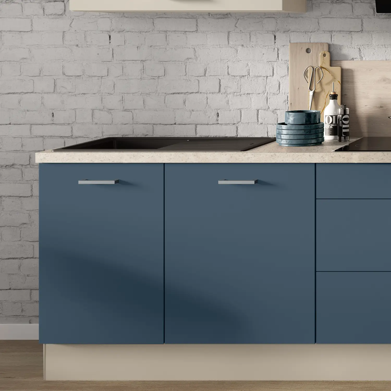 Küchenzeile mit E-Geräten 320 cm Alby Blue & Kieselgrau