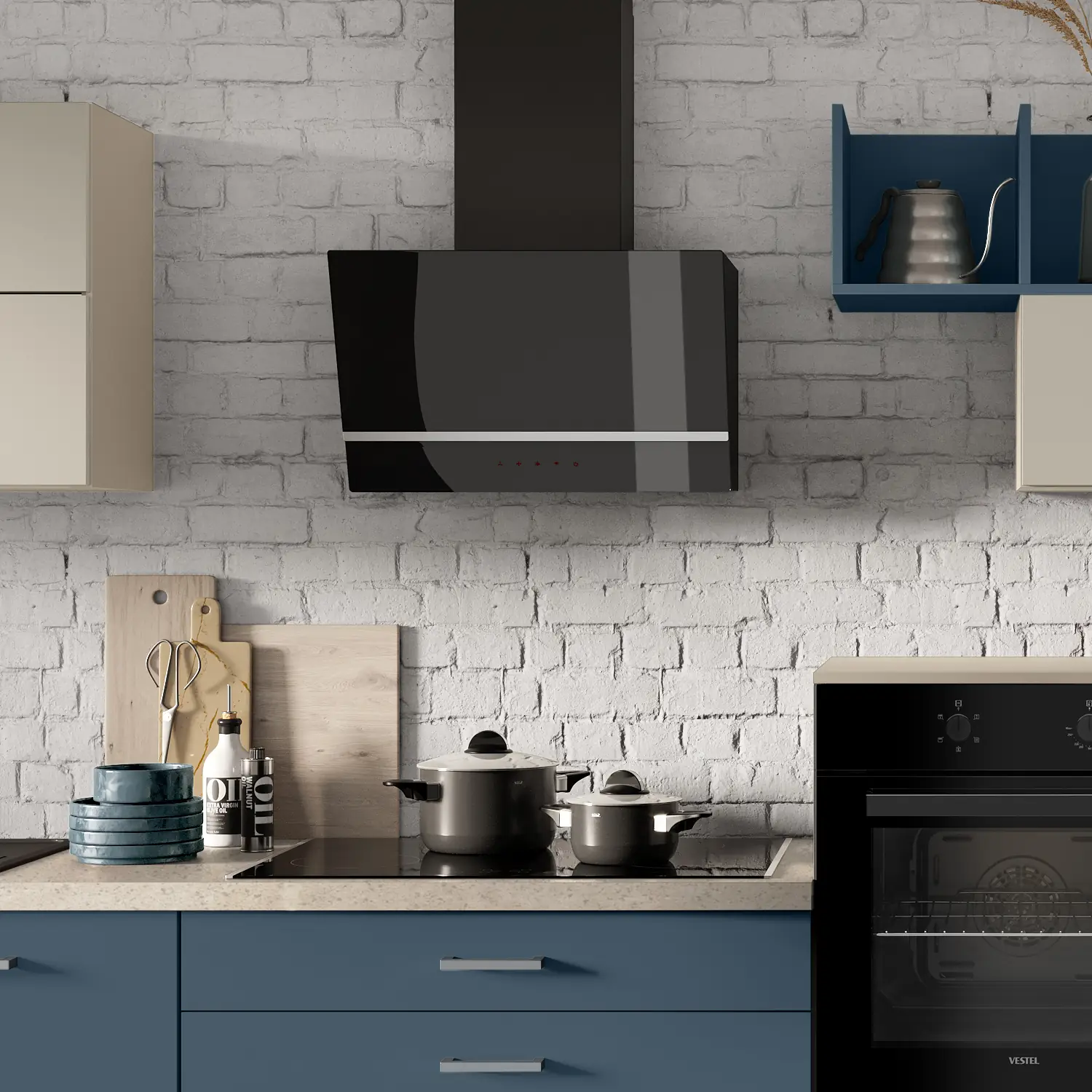 Küchenzeile mit E-Geräten 320 cm Alby Blue & Kieselgrau