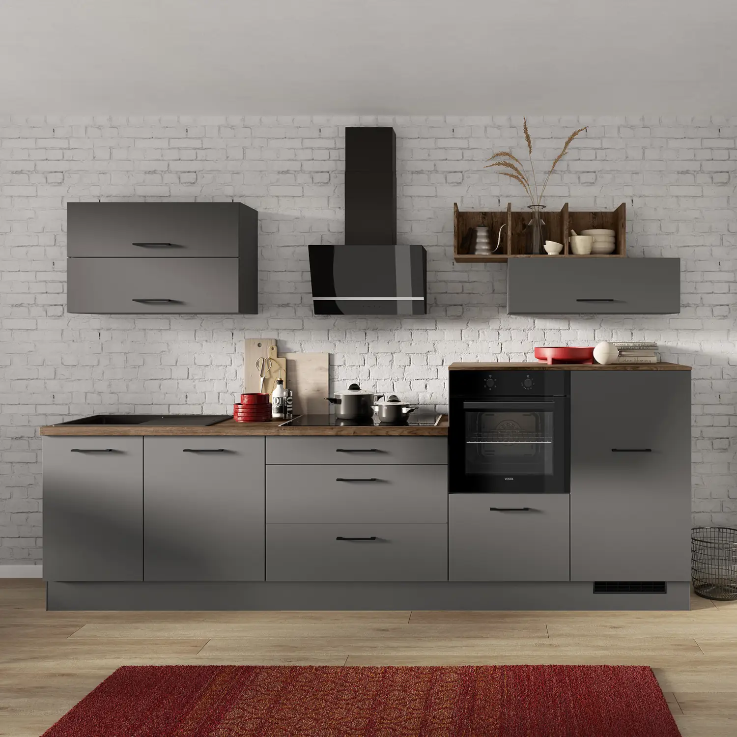 Küchenzeile IKZ1320-HL-FL-AL mit Geräten 320 cm Grafit
