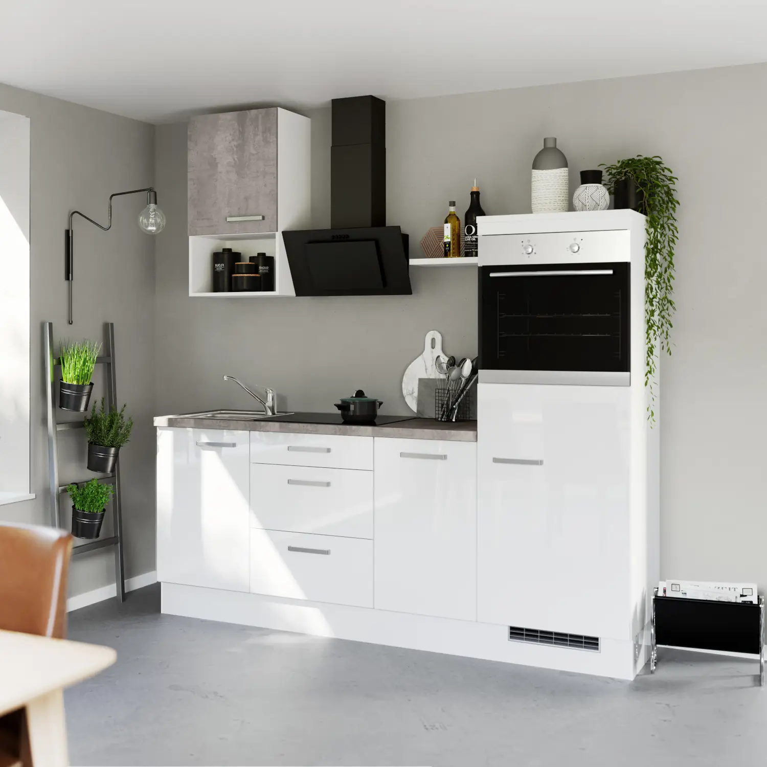 215 cm Küchenzeile ohne Geräte Weiß Hochglanz & Beton-Optik natur