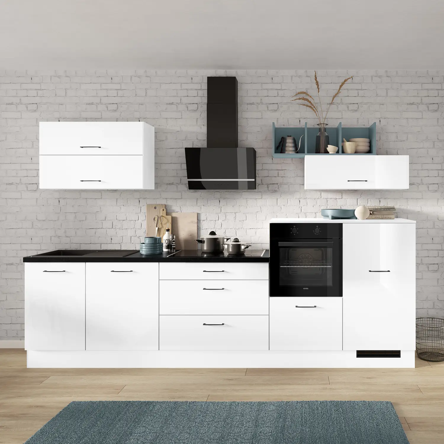 Küchenzeile ohne E-Geräte 320 cm Weiß Hochglanz