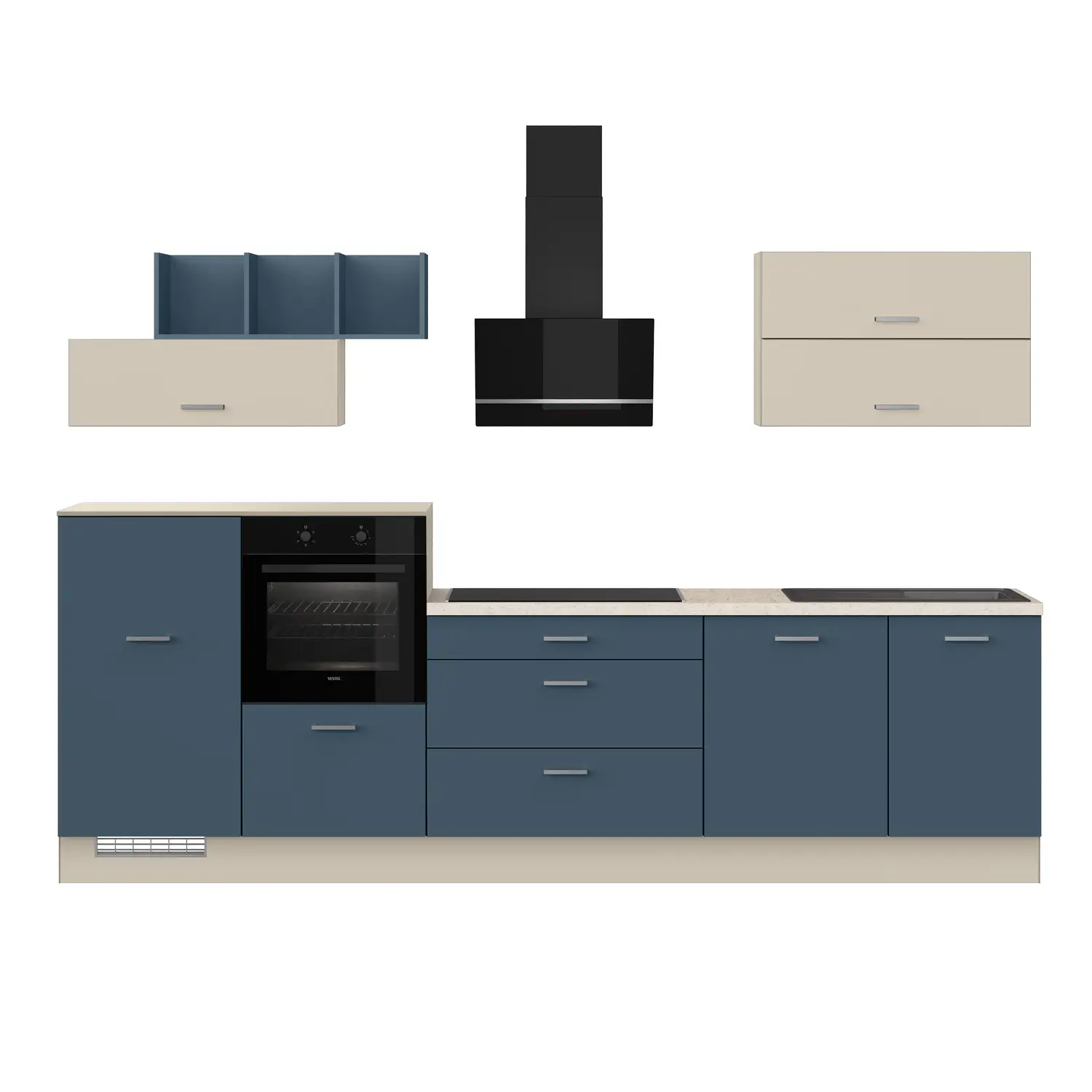 Küchenzeile 320 cm Alby Blue & Kieselgrau mit Geräten