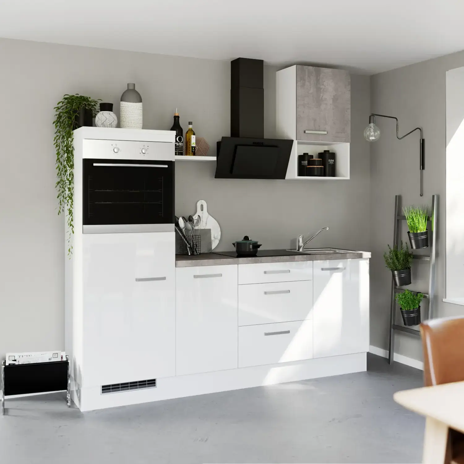 Küchenzeile Weiß Hochglanz & Beton-Optik natur ohne Geräte 215 cm