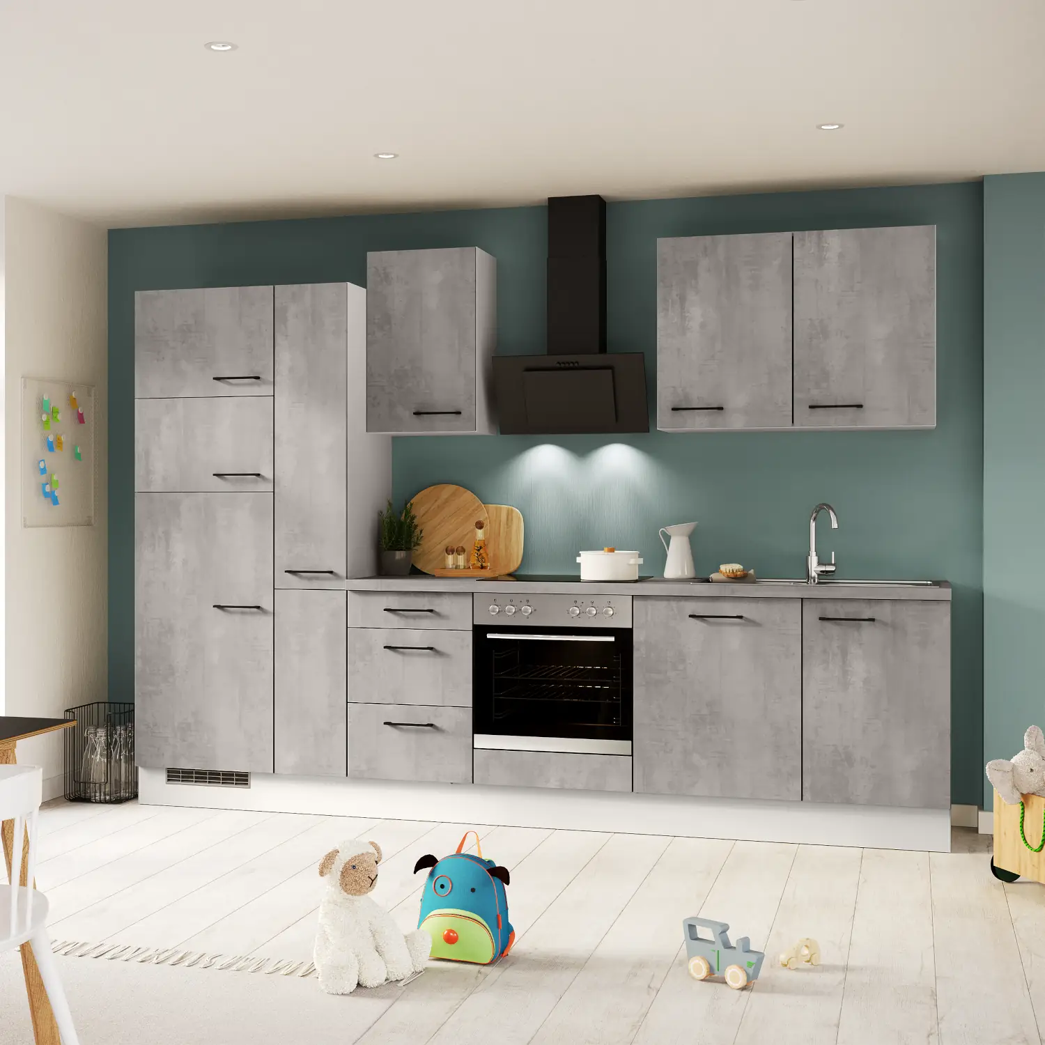 Küchenzeile ohne Geräte IKZ1310-V7-V8 310 cm Beton-Optik natur
