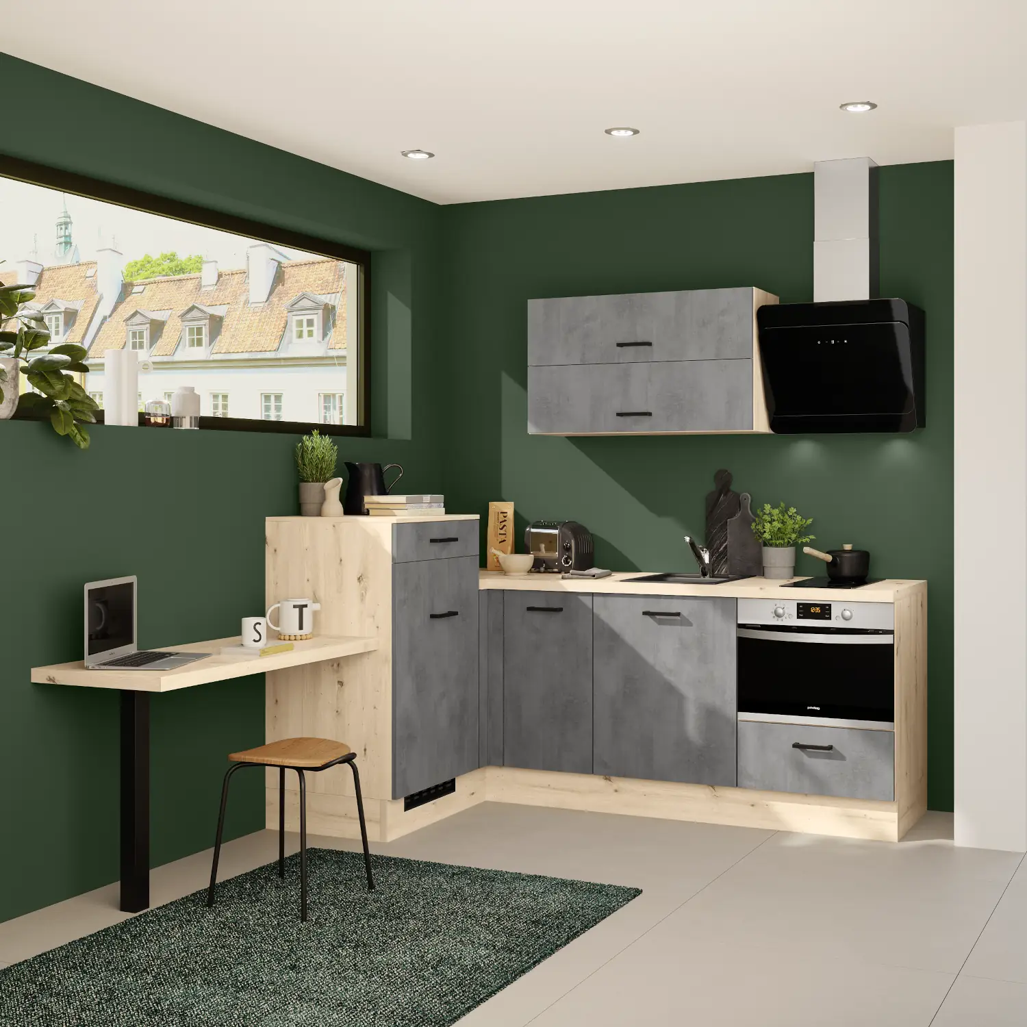 L-Form Küche mit Geräten 225 x 241 cm Beton-Optik Schiefer dunkelgrau