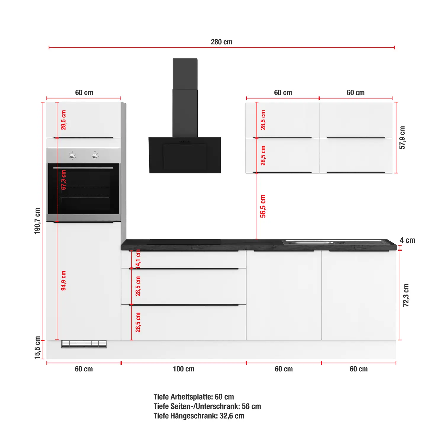 Küchenzeile "IKZ1280-S5-6L-1-0-r" mit Spüle rechts: Wandansicht & Maße in cm