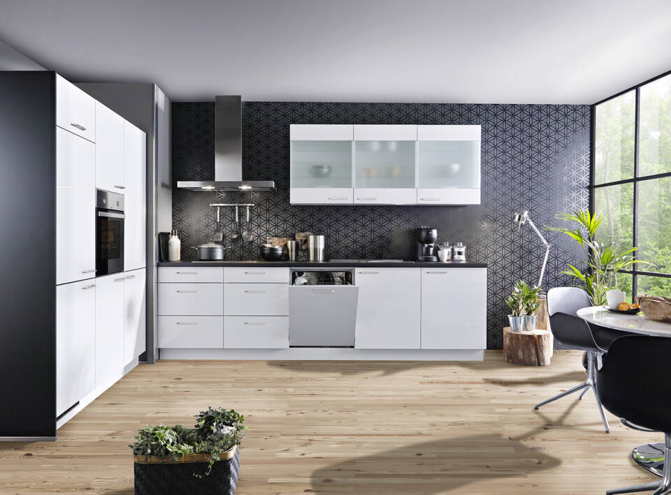 Zweizeilige Küche "EXK80-1-1" mit Geräten: Lacklaminat Weiß Hochglanz - Schwarz Steinstruktur, 484cm