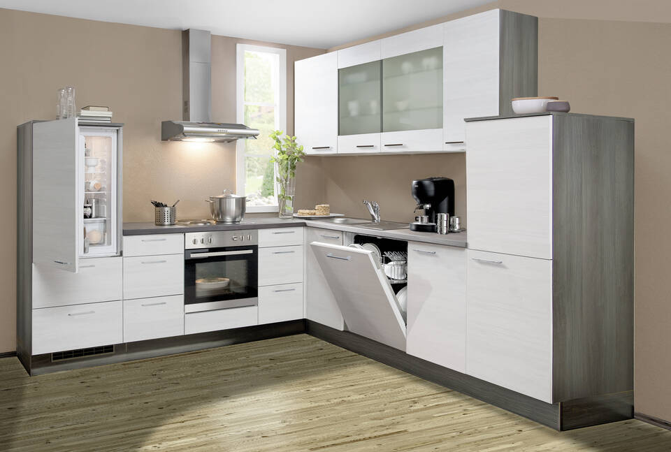 L-Küche "EXK570-1-1" mit Geräten: Eiche weiß - Eiche grau, 550cm