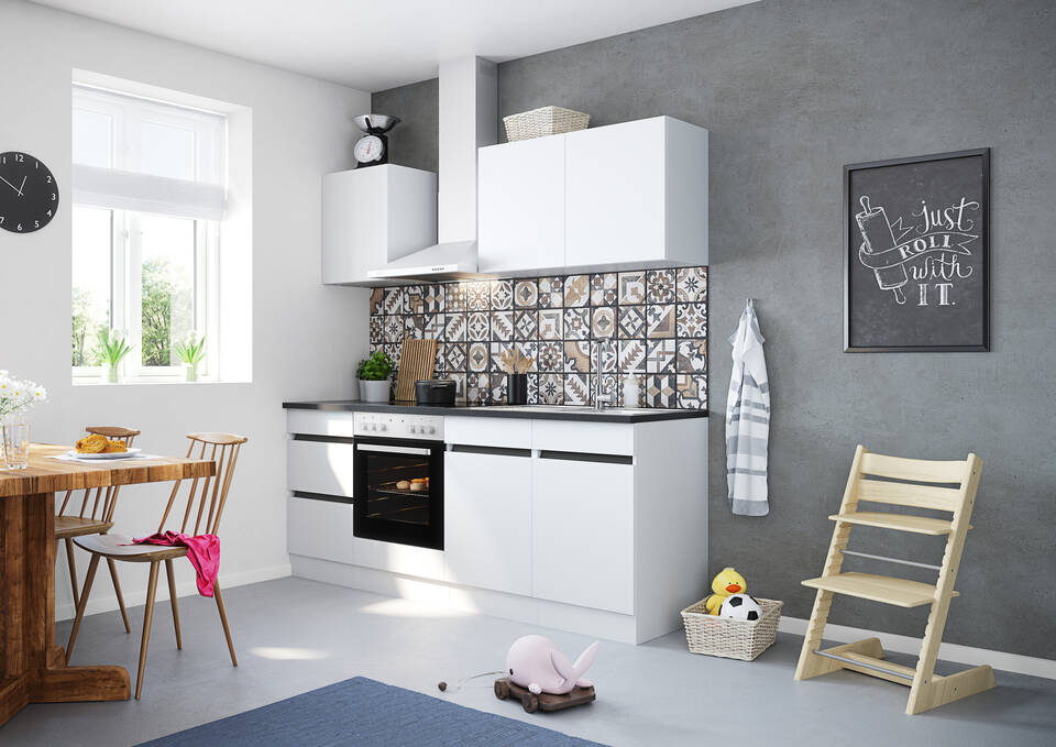 Küchenzeile "OFK2120-1-1" mit Geräten: Weiß - Anthrazit, 210cm / Bild 1