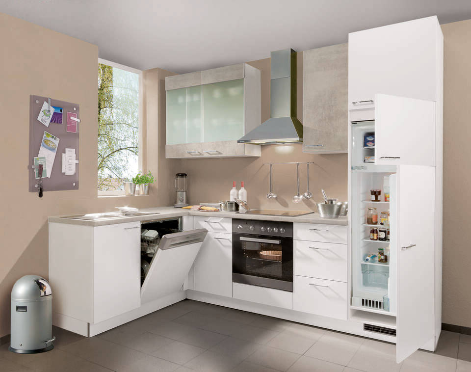 L-Küche "EXK150-1-1" mit Geräten: Weiß - Beton hell - Beton hell, 470cm