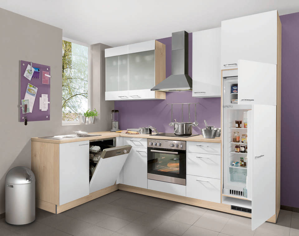 L-Küche "EXK150-2-1" mit Geräten: Weiß - Wildeiche, 470cm