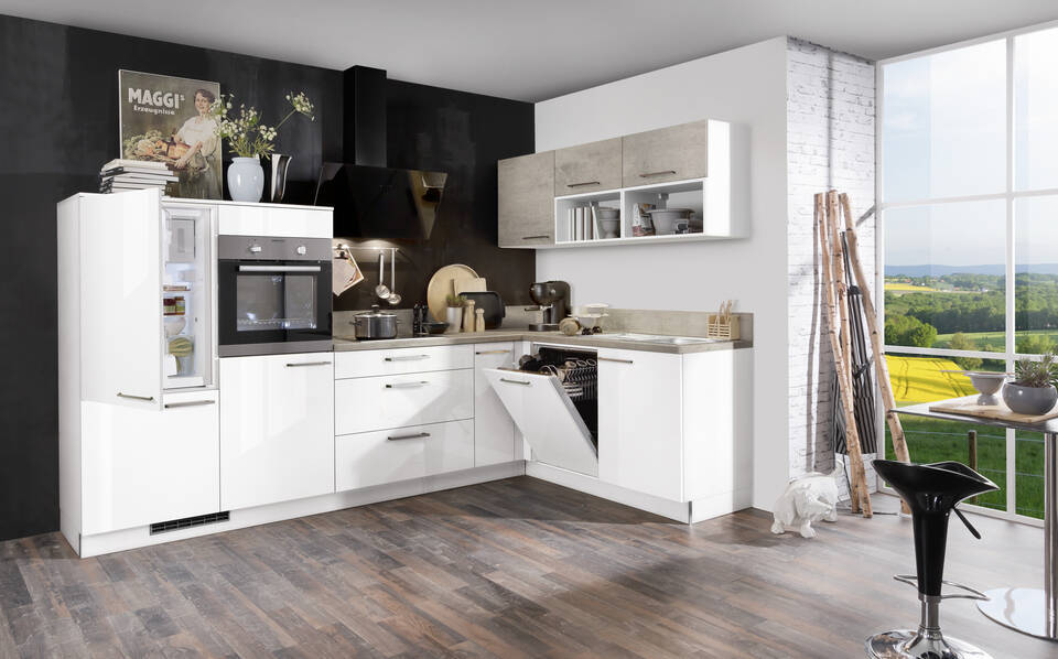 L-Küche "EXK160-6-1" mit Geräten: Lacklaminat Weiß Hochglanz - Beton hell - Beton hell, 490cm