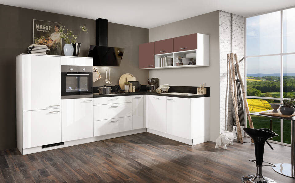 L-Küche "EXK160-10-1" mit Geräten: Lacklaminat Weiß Hochglanz - Karminrot - Schwarz Steinstruktur, 490cm