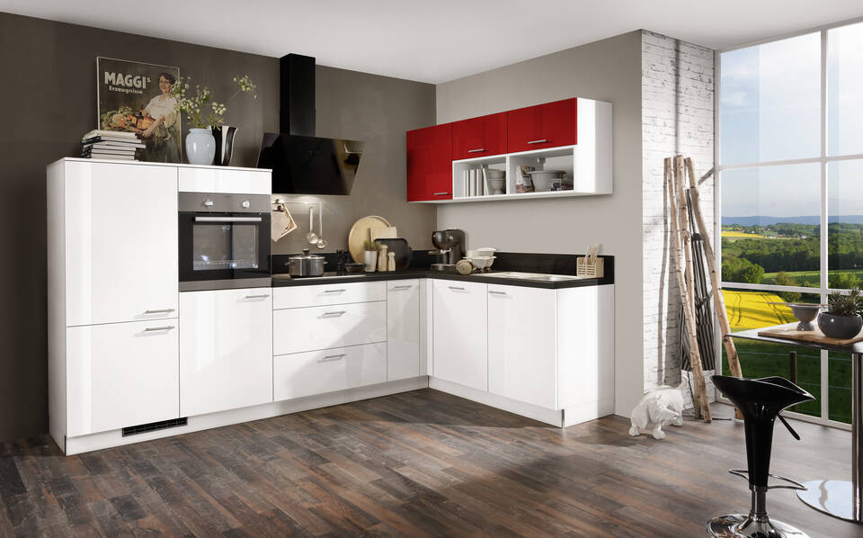 L-Küche "EXK160-8-1" mit Geräten: Lacklaminat Weiß Hochglanz - Lacklaminat Marsrot Hochglanz - Schwarz Steinstruktur, 490cm
