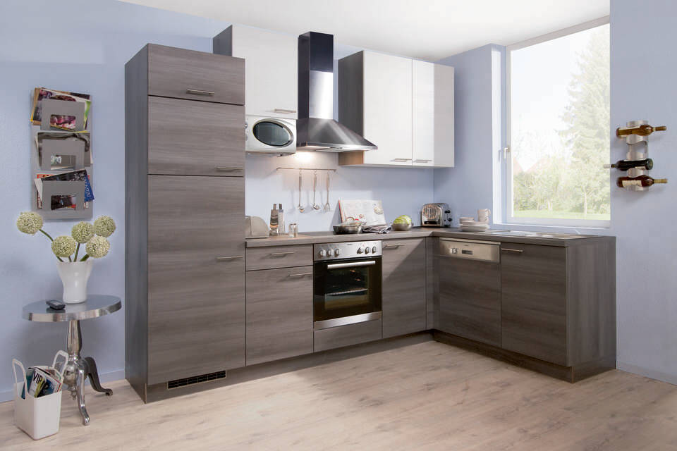 L-Küche "EXK630-2-1" mit Geräten: Eiche grau - Eiche weiß - Eiche grau, 460cm
