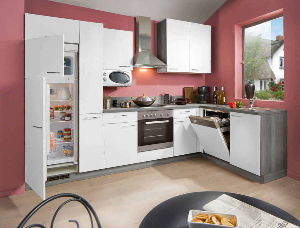 L-Küche "EXK650-1-1" mit Geräten: Weiß - Eiche grau, 490cm