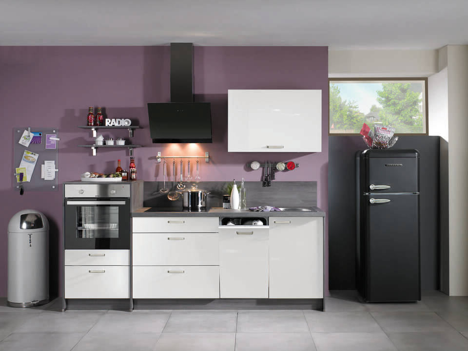 Küchenzeile "EXK260-1-1" mit Geräten: Lacklaminat Weiß Hochglanz - Eiche grau, 240cm / Bild 2