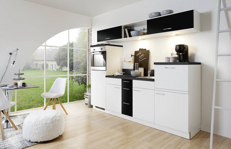Küchenzeile "EXK270-2-1" mit Geräten: Lacklaminat Weiß - Lacklaminat Schwarz - Schwarz Steinstruktur, 250cm / Bild 1