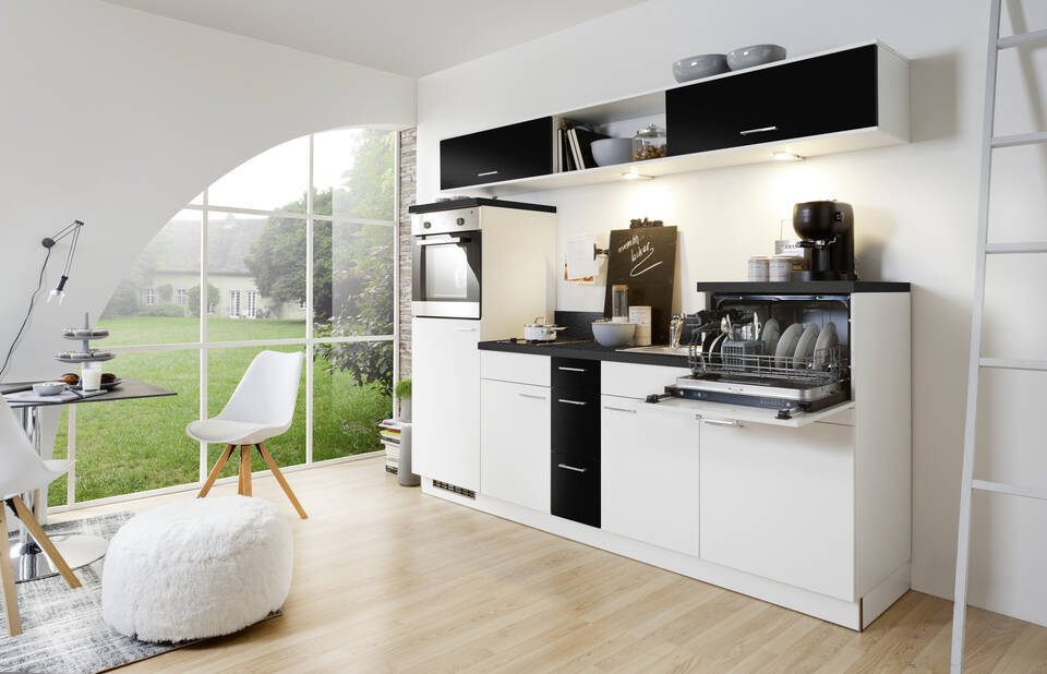 Küchenzeile "EXK270-2-1" mit Geräten: Lacklaminat Weiß - Lacklaminat Schwarz - Schwarz Steinstruktur, 250cm / Bild 2