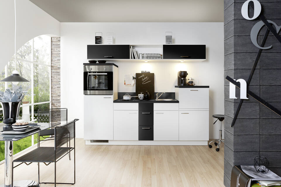 Küchenzeile "EXK270-2-1" mit Geräten: Lacklaminat Weiß - Lacklaminat Schwarz - Schwarz Steinstruktur, 250cm / Bild 3