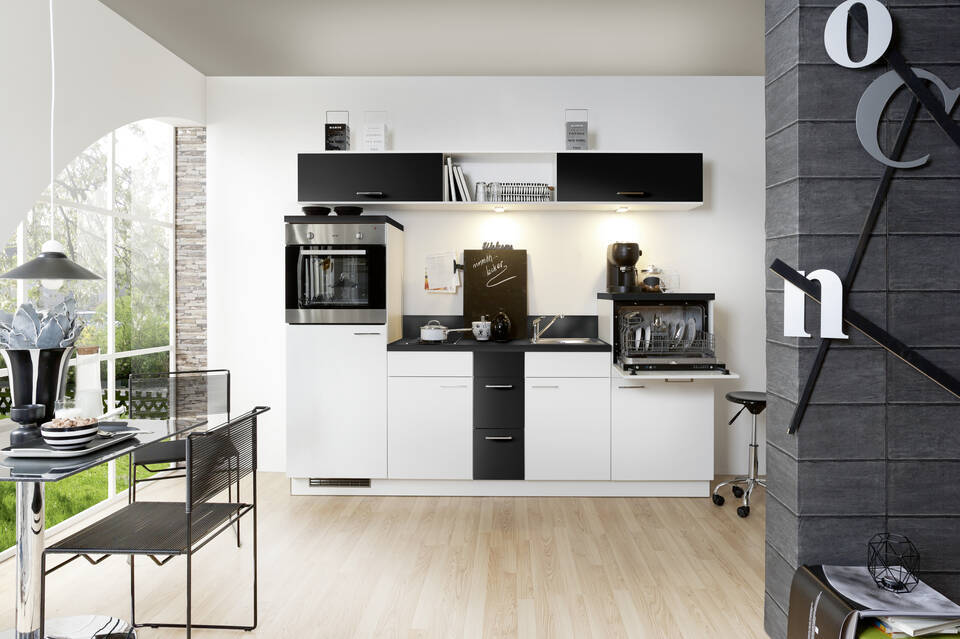 Küchenzeile "EXK270-2-1" mit Geräten: Lacklaminat Weiß - Lacklaminat Schwarz - Schwarz Steinstruktur, 250cm / Bild 4