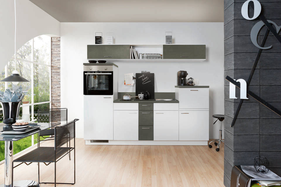 Küchenzeile "EXK270-3-1" mit Geräten: Lacklaminat Weiß - Stahl dunkel - Stahl dunkel, 250cm / Bild 2