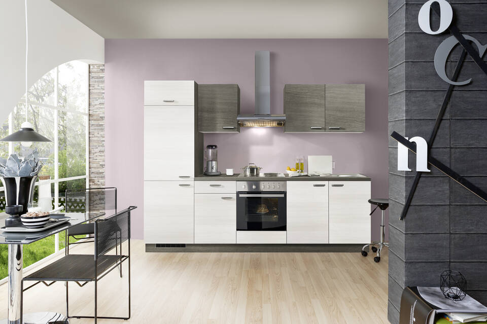 Küchenzeile "EXK280-21-1" mit Geräten: Eiche weiß - Eiche grau - Eiche grau, 270cm