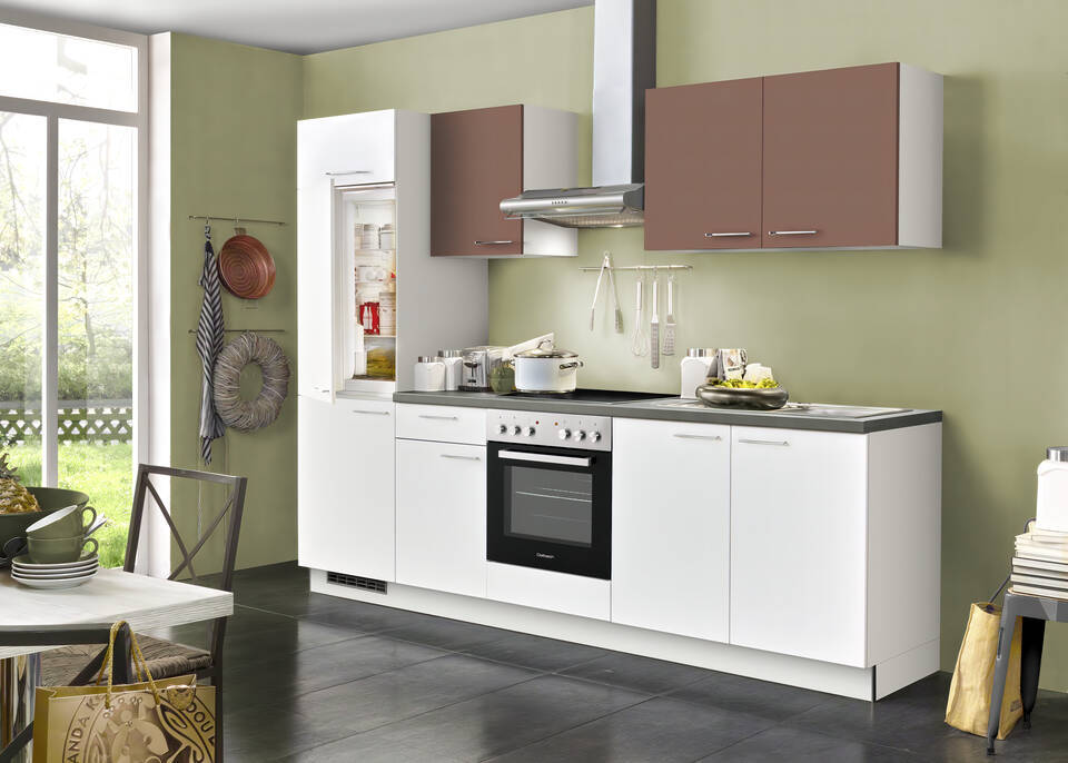 Küchenzeile "EXK280-30-1" mit Geräten: Weiß - Karminrot - Stahl dunkel, 270cm