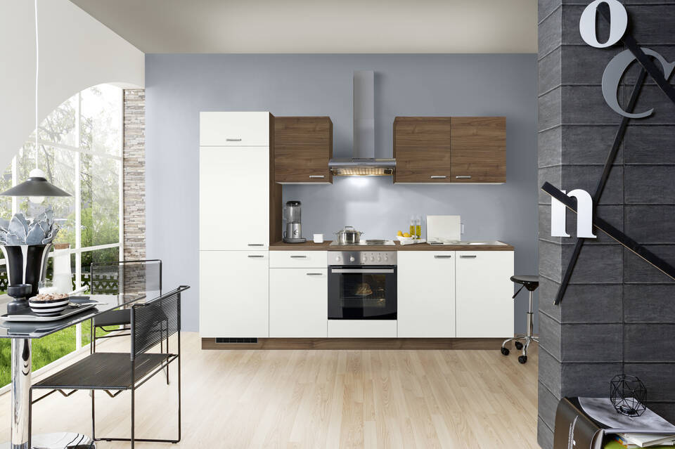 Küchenzeile "EXK280-18-1" mit Geräten: Weiß - Nussbaum - Nussbaum, 270cm