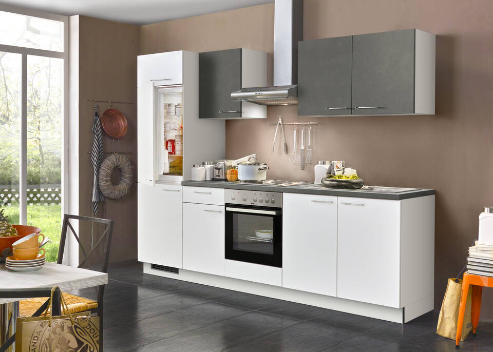 Küchenzeile "EXK280-19-1" mit Geräten: Weiß - Stahl dunkel - Stahl dunkel, 270cm