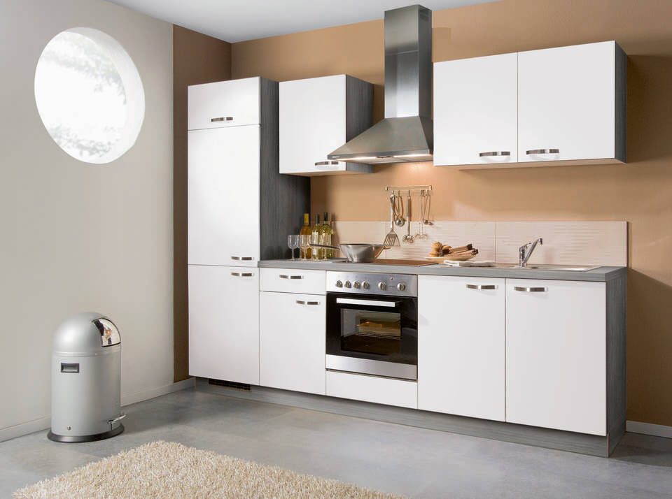 Küchenzeile "EXK290-2-1" mit Geräten: Weiß - Eiche grau, 270cm / Bild 1