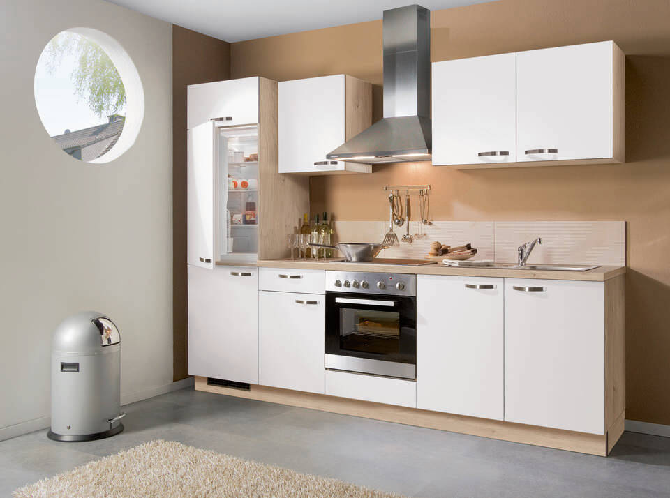 Küchenzeile "EXK290-3-1" mit Geräten: Weiß - Wildeiche, 270cm