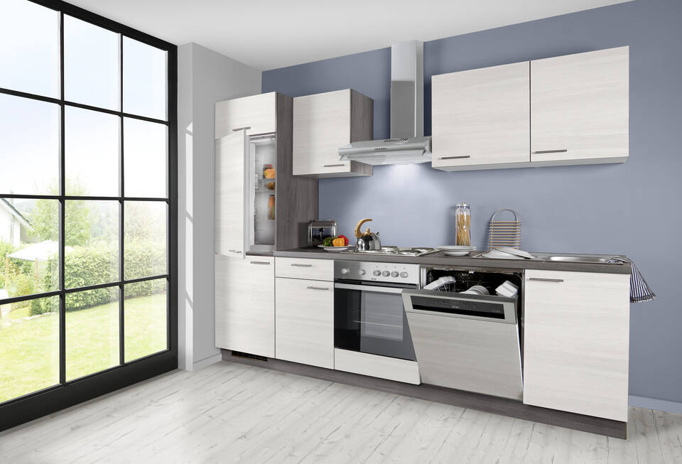 Küchenzeile "EXK310-5-1" mit Geräten: Eiche weiß - Eiche grau, 280cm
