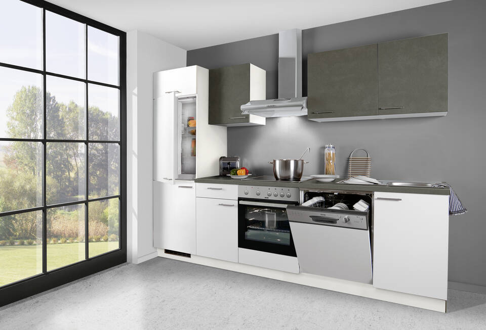 Küchenzeile "EXK310-2-1" mit Geräten: Weiß - Stahl dunkel - Stahl dunkel, 280cm