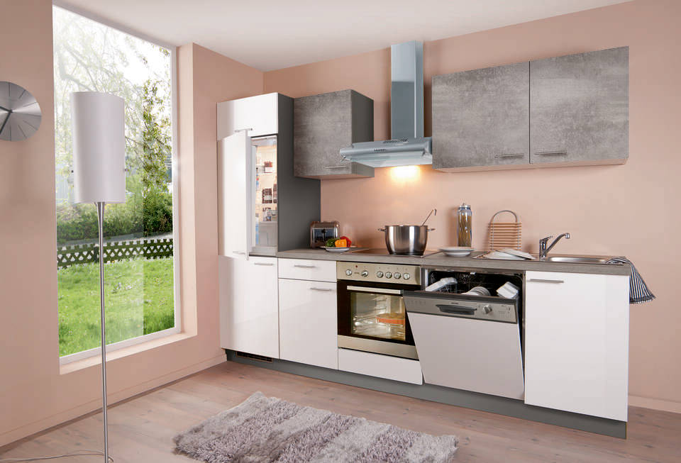 Küchenzeile "EXK320-1-1" mit Geräten: Lacklaminat Weiß Hochglanz - Beton hell - Beton hell, 280cm