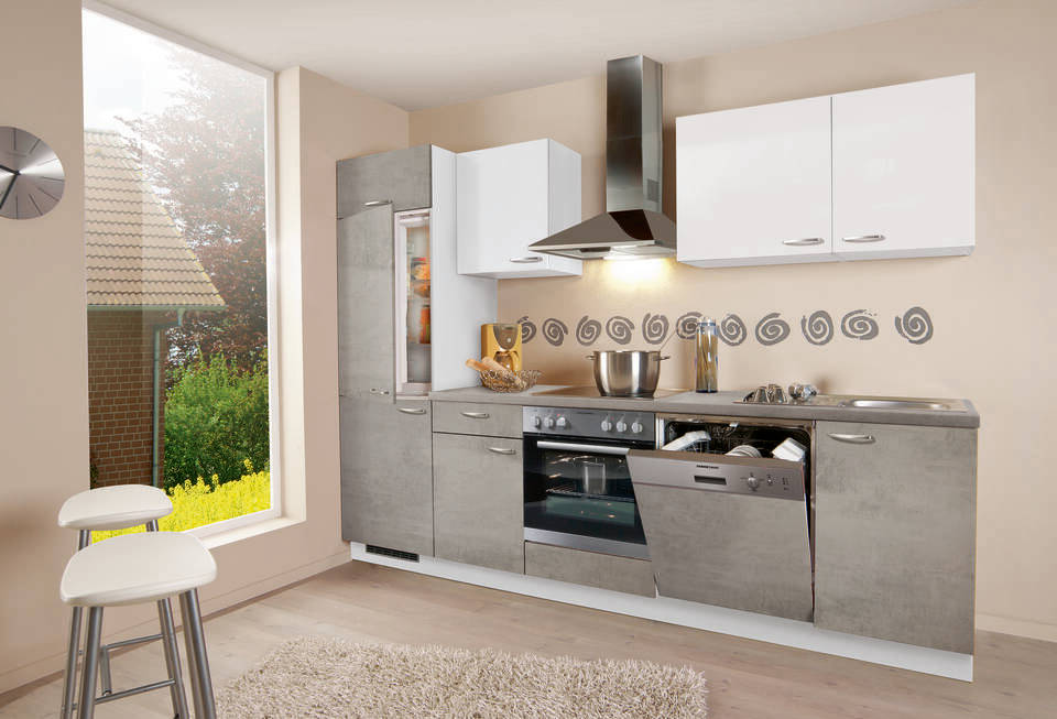 Küchenzeile "EXK330-4-1" mit Geräten: Beton hell - Lacklaminat Weiß Hochglanz - Beton hell, 280cm