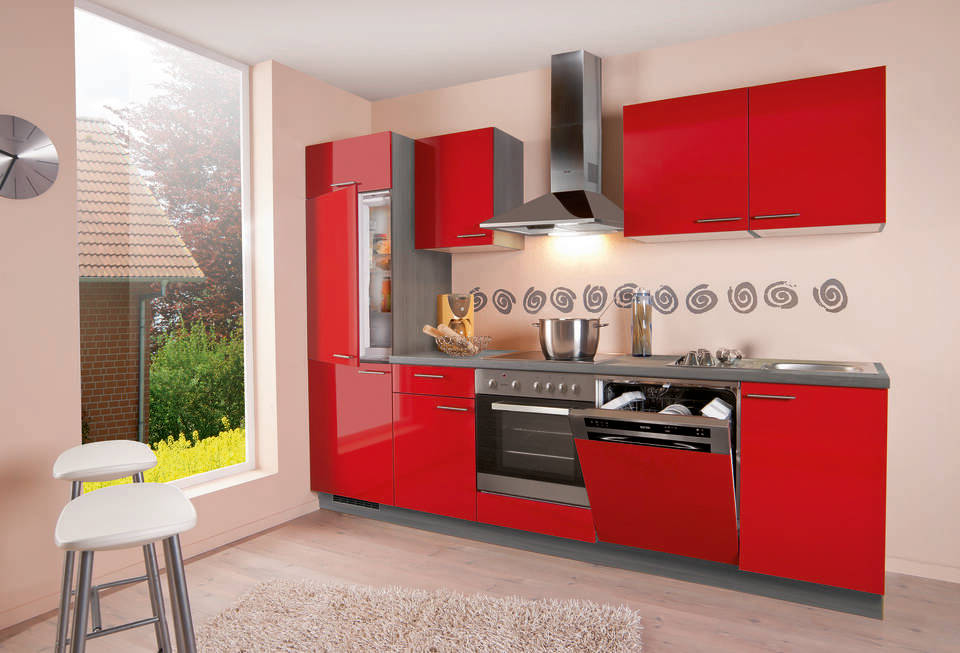 Küchenzeile "EXK330-6-1" mit Geräten: Lacklaminat Marsrot Hochglanz - Eiche grau, 280cm