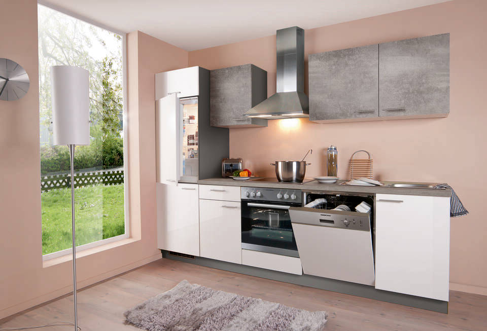 Küchenzeile "EXK330-3-1" mit Geräten: Lacklaminat Weiß Hochglanz - Beton hell - Beton hell, 280cm