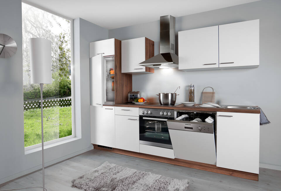 Küchenzeile "EXK330-1-1" mit Geräten: Weiß - Nussbaum, 280cm