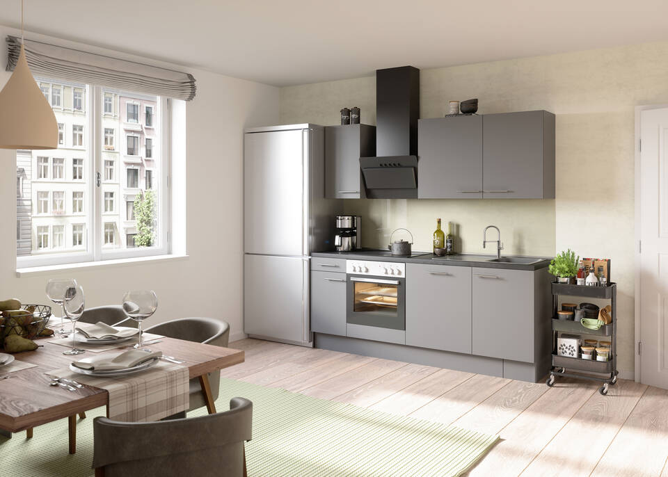 OPTIFIT Küchenzeile mit Geräten in Basaltgrau & Beton dunkel: 210 cm, flexibel stellbar | Singleküche "OFK2188-4-1"