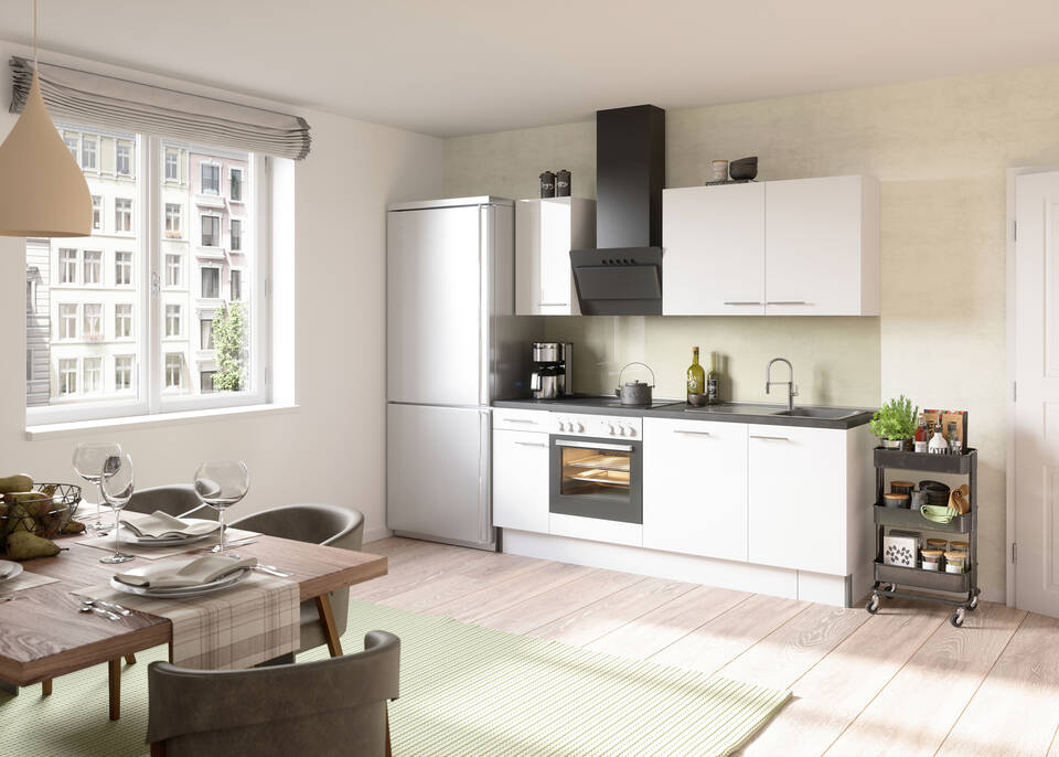 OPTIFIT Küchenzeile mit Geräten in Weiß Glanz & Beton dunkel: 210 cm, flexibel stellbar | Singleküche "OFK2188-6-1"
