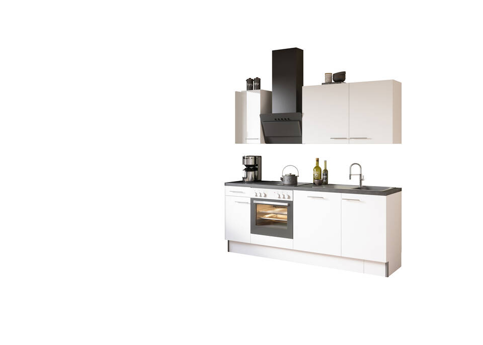 Küchenzeile "OFK2188-6-1" mit Geräten: Weiß Glanz Lack - Beton dunkel, 210cm / Bild 2